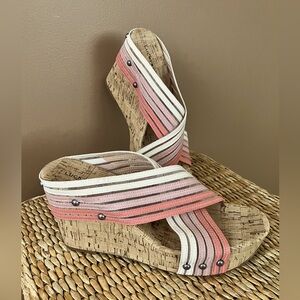 Lucky Brand Cork Wedge Sandals, Sz. 8, Coral/Pink/Beige Fabric Strap, 4” Heel